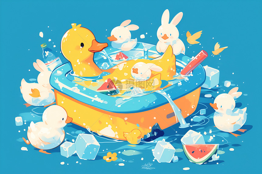 快乐的小鸭子在游泳池中图片