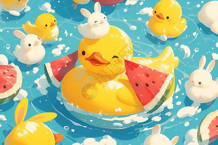 小树水池水池中的小鸭子插画