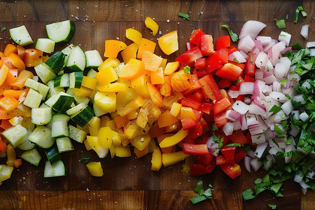 生锈菜刀切菜板上摆放着切好的蔬菜背景