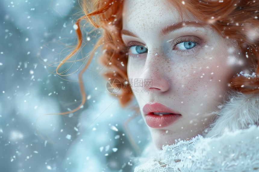 冬日户外的红发蓝眼女子图片