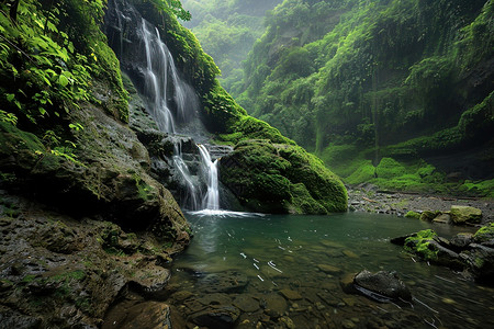 绿意环绕的瀑布清泉高清图片