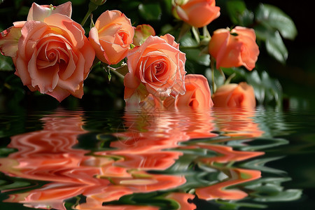 水池中倒映着一丛玫瑰花高清图片