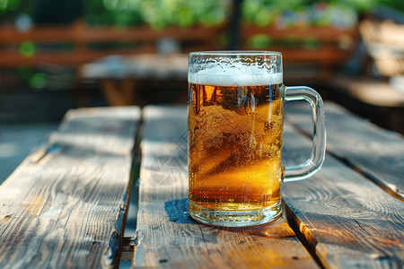 木户外木桌上放着一杯啤酒背景