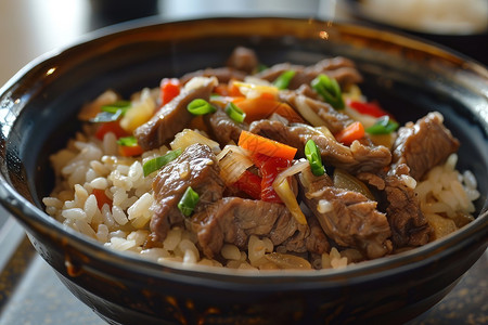 一碗肉拌饭蔬菜炒米苋高清图片