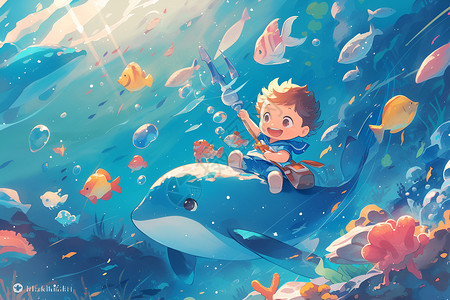 卡通探险骑着鲸鱼的小男孩插画