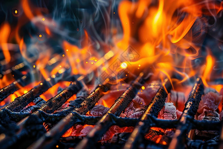 窑火烤架上有火焰背景