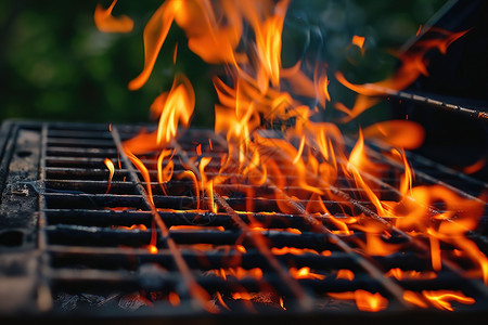 滚轮架火焰中的烧烤架背景