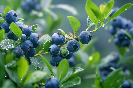 新鲜蓝莓蓝莓和绿叶高清图片