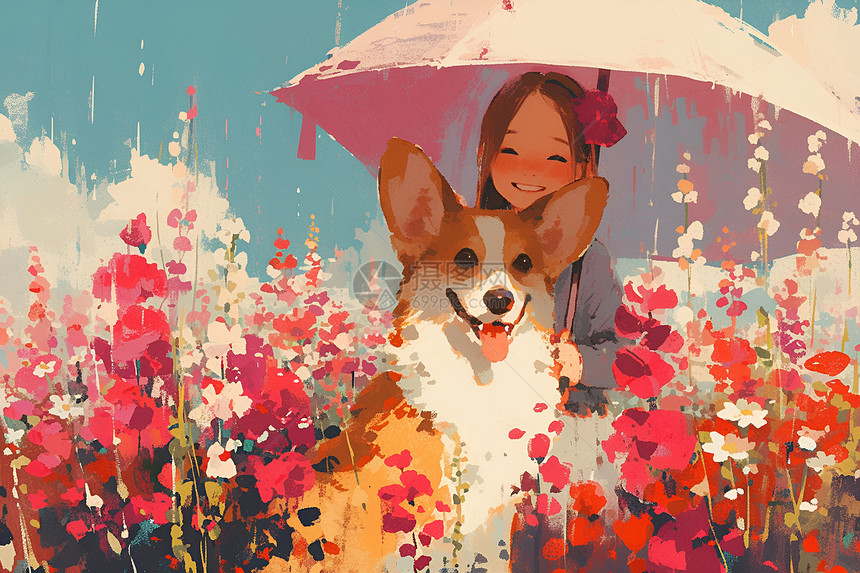 伞下的可爱小狗和女孩图片