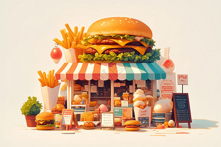 汉堡店素材汉堡形状的店面插画
