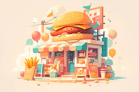 风格好店卡通风格的汉堡屋插画