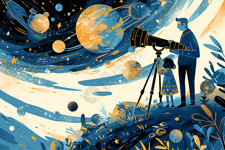 父亲和女儿用望远镜观察星空插画