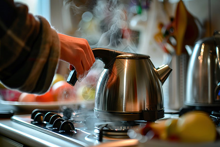 烧水的水壶食物冒蒸汽高清图片
