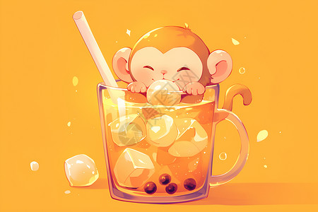 卡通猴子喝奶茶背景图片