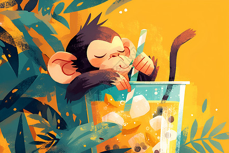 内蒙奶茶花丛里喝奶茶的猴子插画