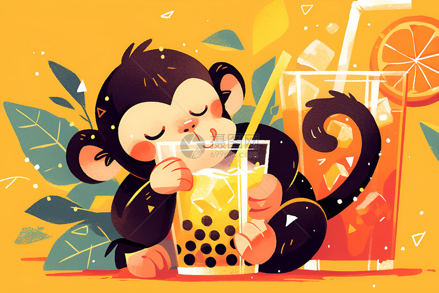 可爱猴子抱着一杯奶茶图片