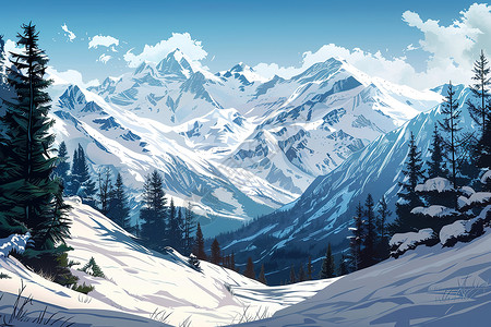 大树覆盖雪地雪山上的大树插画