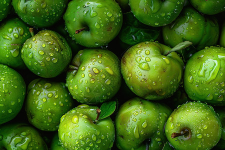 水珠滴在一堆绿苹果上高清图片
