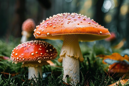 菌类丛蘑菇丛生于绿草地上背景
