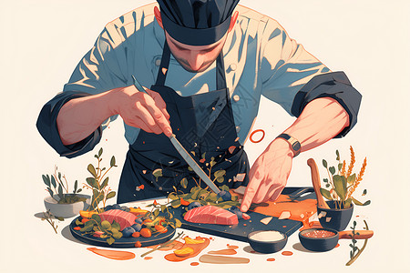 五花肉块做饭的厨师插画