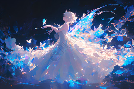 天使钟馗带翅膀的蝴蝶少女插画