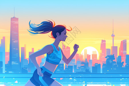 下蹲锻炼夕阳下奔跑的少女插画