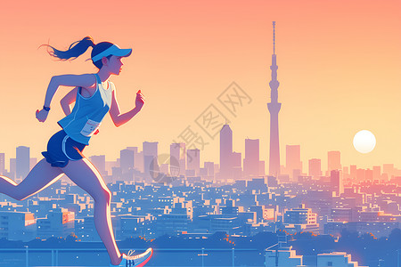 运动建筑素材夕阳下奔跑的城市女孩插画