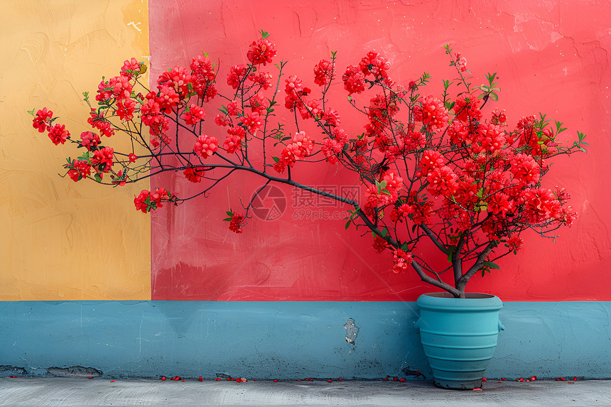 彩色墙壁前的盆栽图片