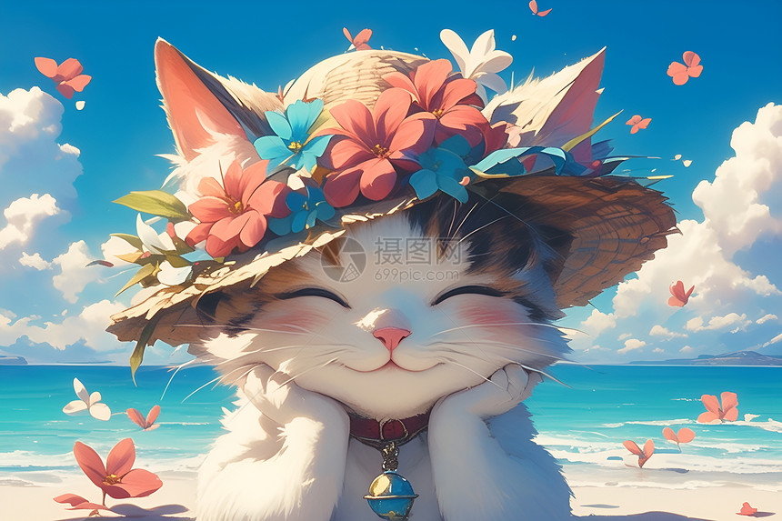 仙境海滩的花帽猫咪图片
