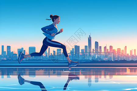 城市健身日落时分女子在城市中奔跑插画