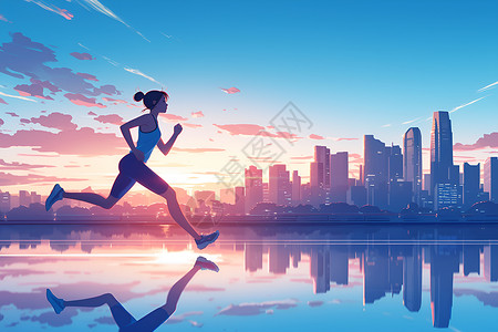 年轻女子运动健身热身图片傍晚城市奔跑的女子插画