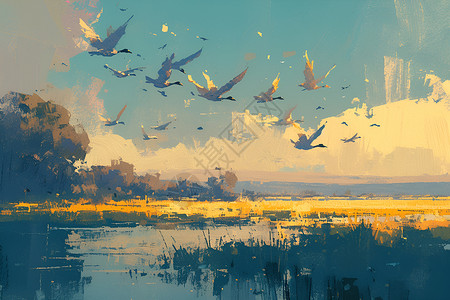 湖畔大学湖边的雁群插画