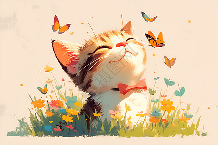 飞舞的可爱的猫咪和蝴蝶插画