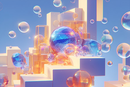 几何气泡飘浮的彩色泡泡插画