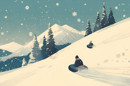 坡人雪山滑雪的人插画