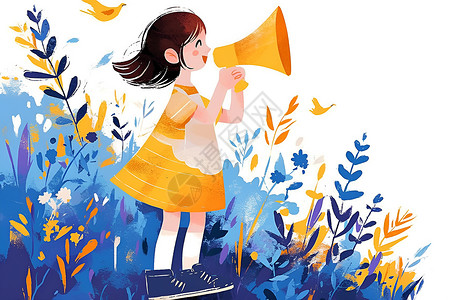 扬声器花海中的黄裙女孩拿着扩音器插画