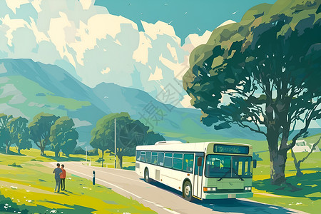 山村道路上的白色巴士插画