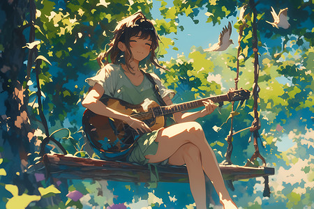 坐在秋千的女孩女孩坐在秋千上弹吉他插画