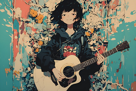 花丛里抱着吉他的女孩高清图片