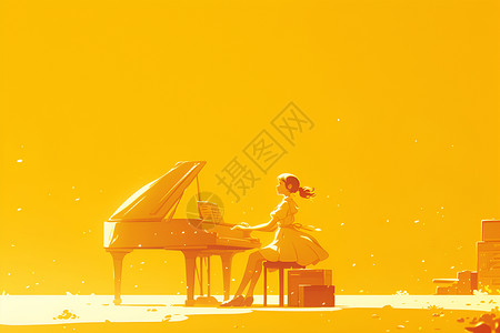海边钢琴阳光下弹奏钢琴的女孩插画
