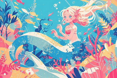 童话插画海底游弋的美人鱼插画
