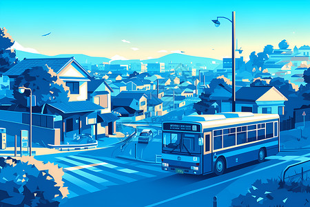 乡镇道路蓝色巴士穿过乡镇街道插画