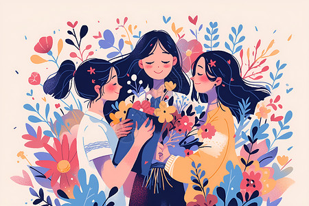 三位女性抱着鲜花插画