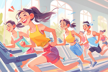 健身人群跑步机上健身的人群插画