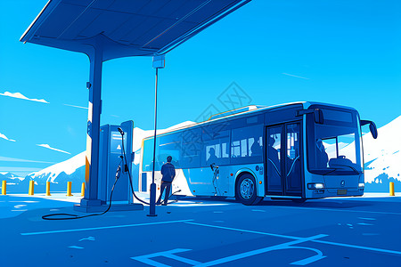 巴士车站蓝色巴士在车站充电插画