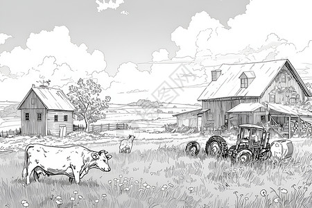 奶牛放牧草地上放牧的奶牛插画