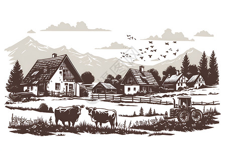 卡通房子插画牧场草地上的奶牛插画