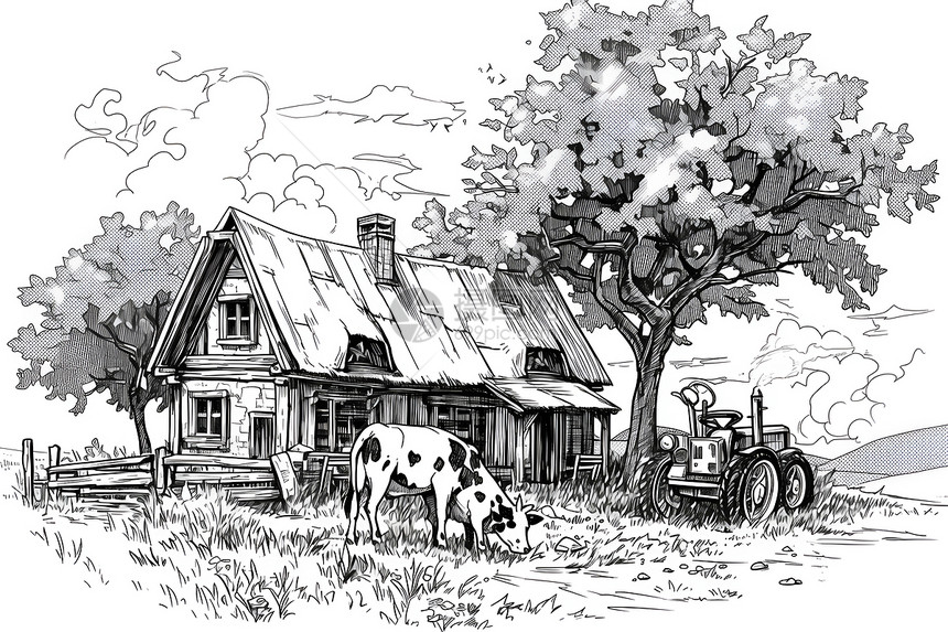 木头房子前的奶牛图片