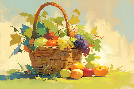 水果礼篮草地上的蔬果篮插画