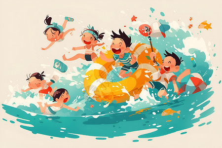 带游泳圈小孩水域中玩耍的孩子插画